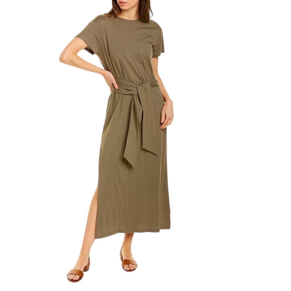 Monrow olive green tie waist pocket tee shirt midi dress size small
